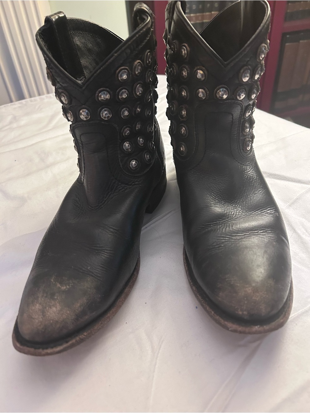 Frye Black Studded Leather Western Distressed Ankle Boots - Women's